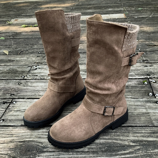 Women's RanchWrap Buckle Mid-Calf Suede Boots – Knit Cuff Western-Style Slouchy Shoes