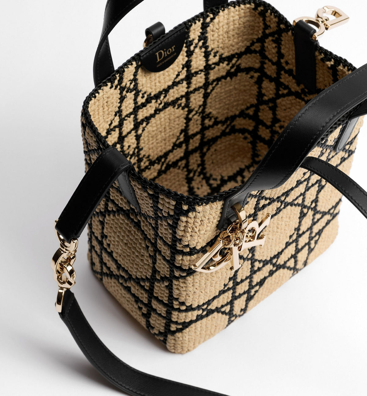 Small Toujours Designer Tote Bag With Macrocannage Raffia And Black Calfskin And Strap