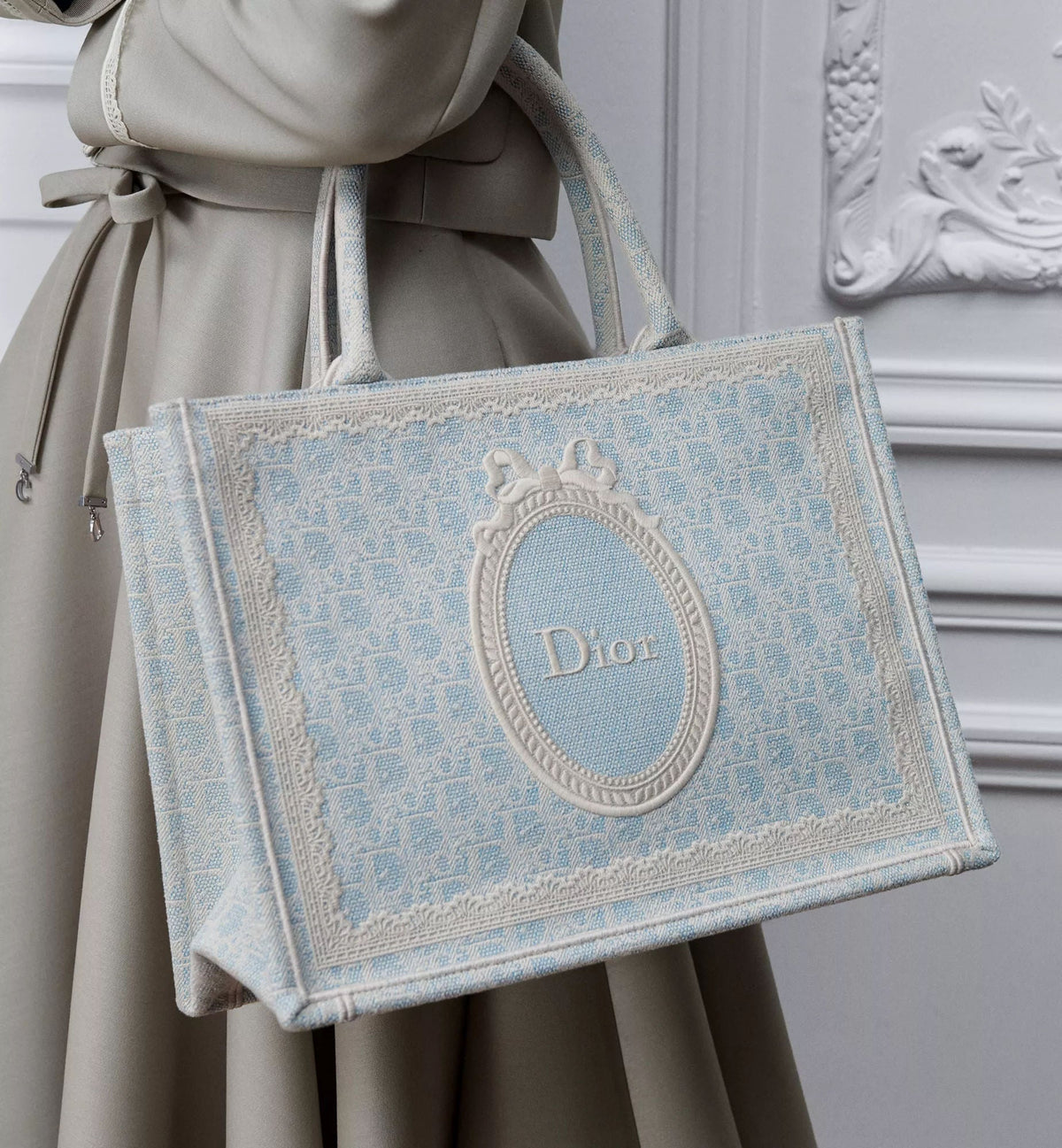 Medium Book Designer Tote Bag With Céleste Blue Washed Embroidery And Shoulder Strap