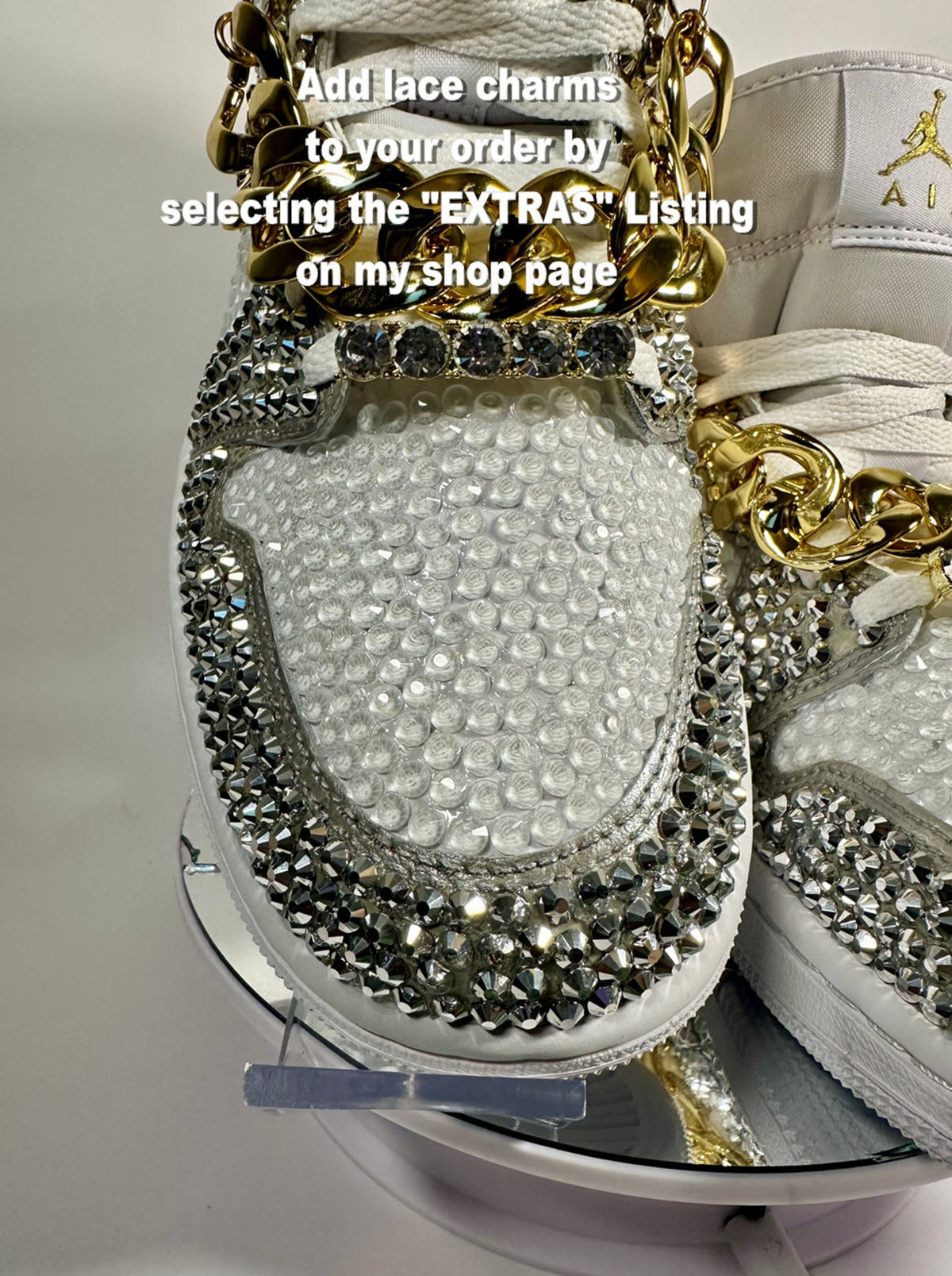 Rhinestone Jordan 1 Mids, Silver & Gold Custom Bling Sneakers, Bedazzled Nikes