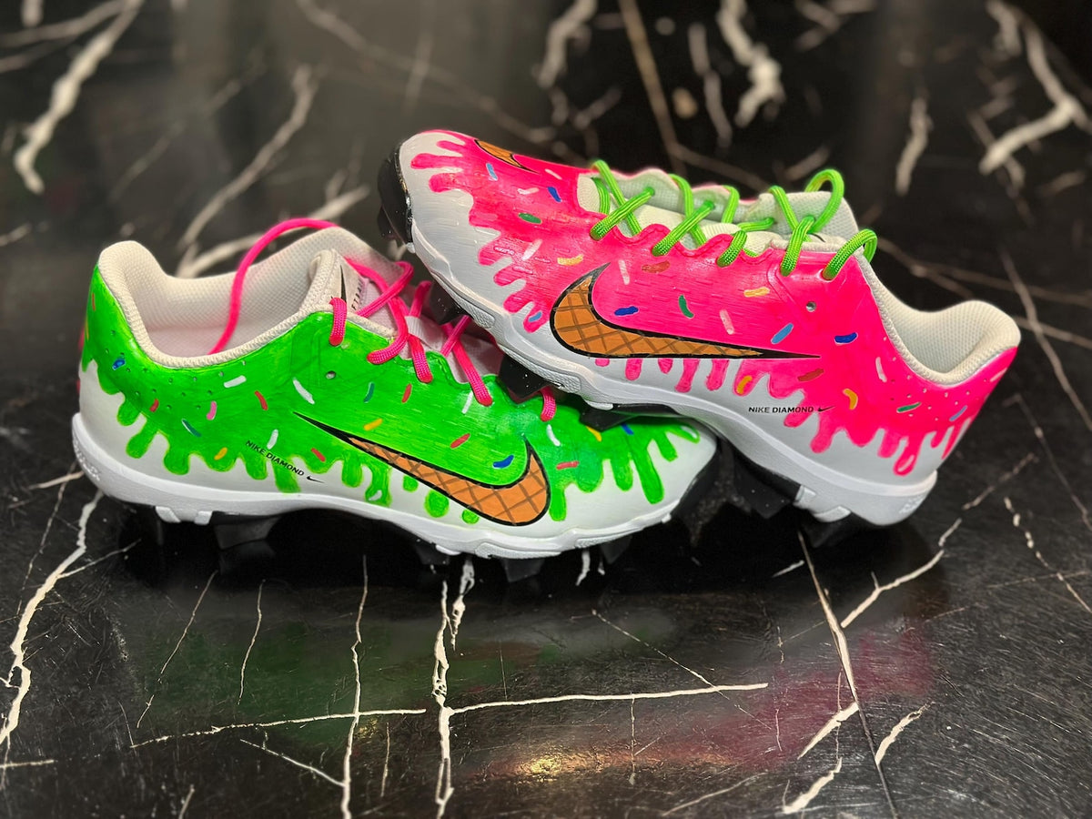 Custom Hand-Painted Softball Cleats | Neon Drip Design