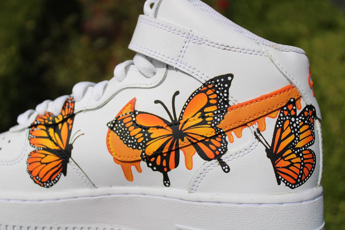 Custom Air Force 1 Butterfly Sneakers | Hand Painted Orange Monarch Shoes | Drip Effect AF1 | Cute Aesthetic Streetwear Kicks