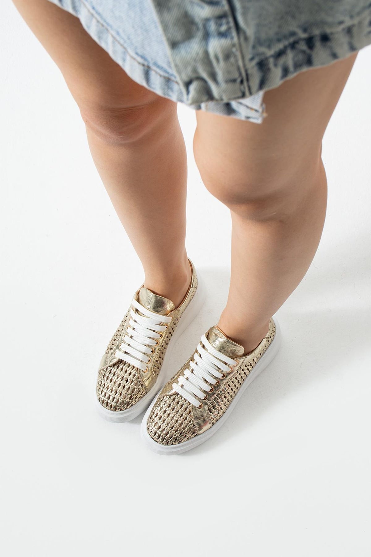 Glow Genuine Leather Gold Women's Casual Braided Sneaker Shoes