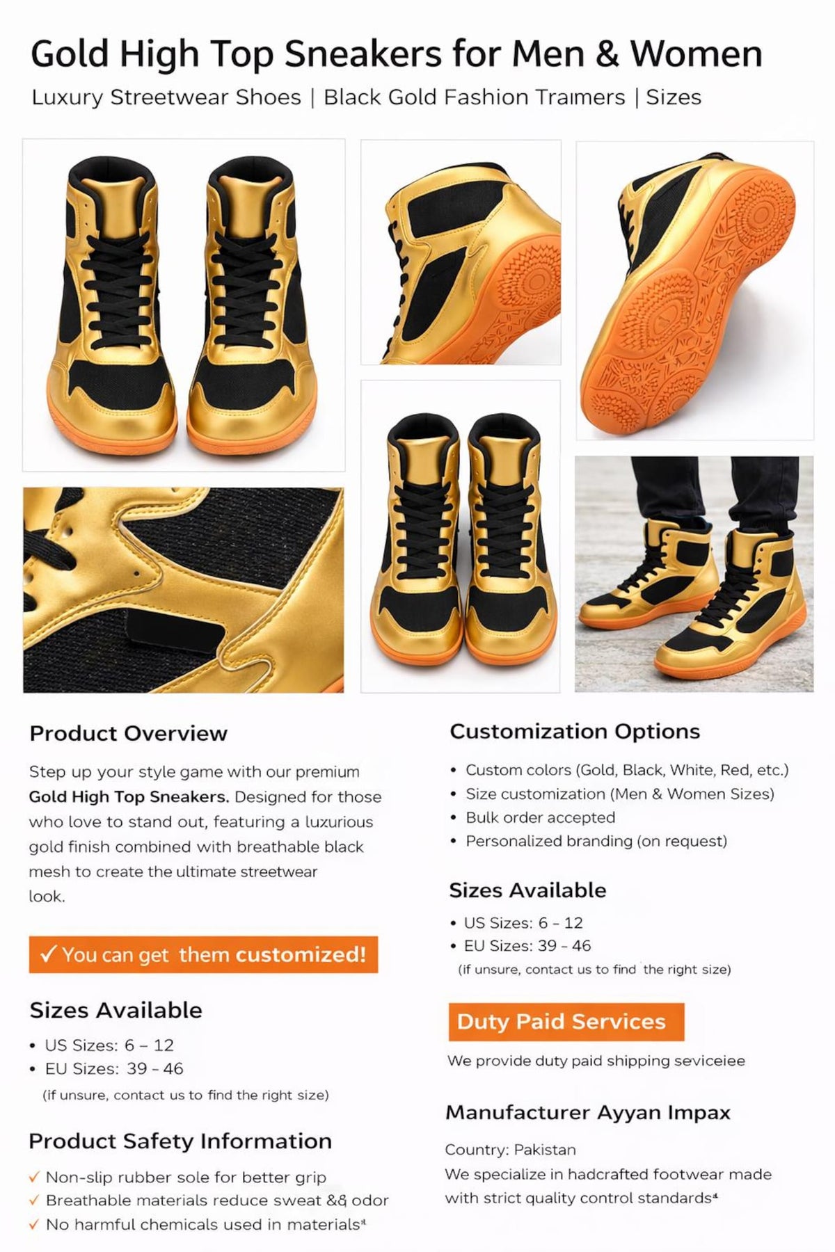 Custom High Top Sneakers, Personalized Athletic Shoes, Gold Black Design