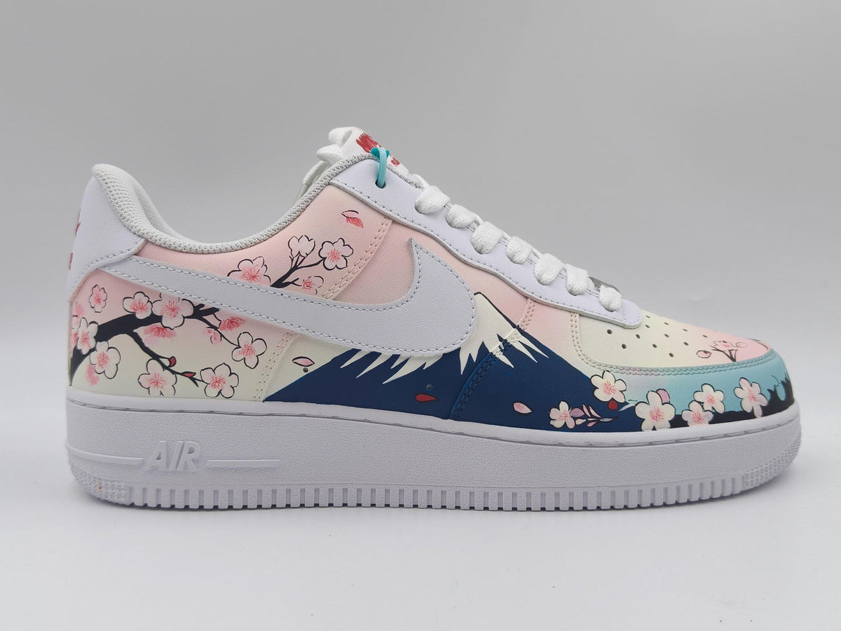 Custom Hand-Painted Nike Air Force 1 Shoes | Cherry Blossom Mount Fuji | Japanese Sakura AF1 Sneakers