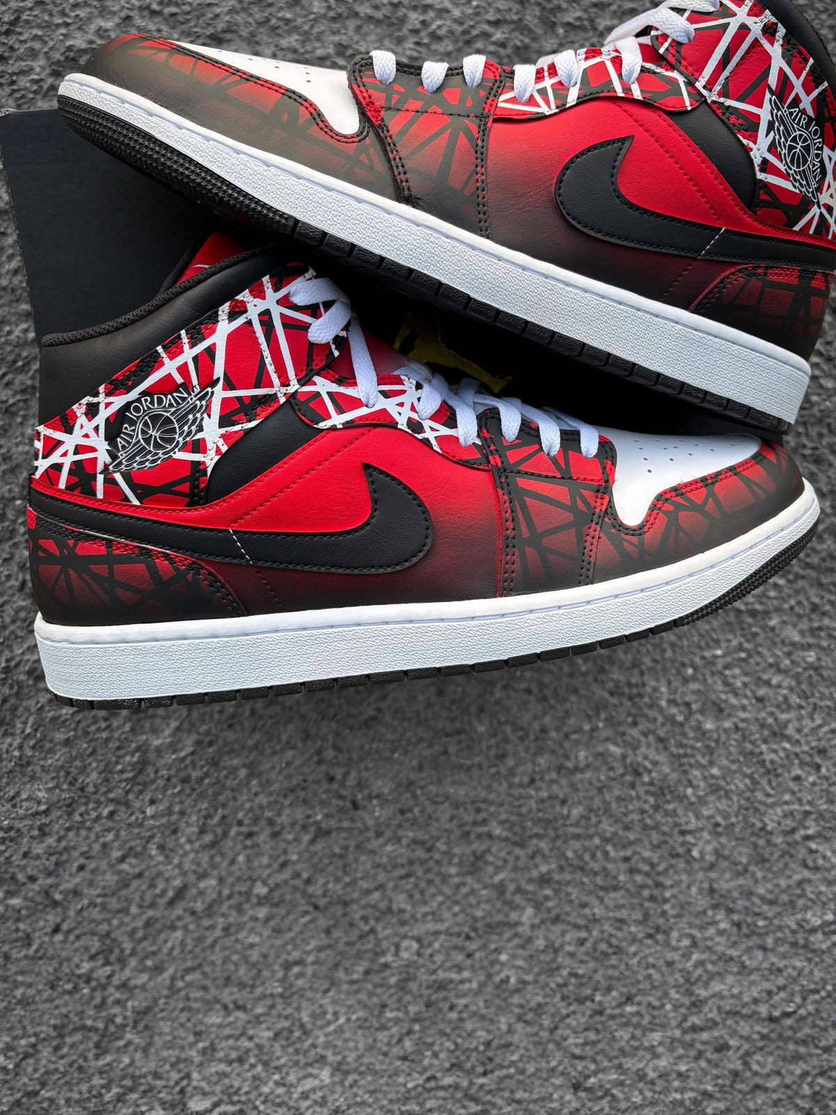 Custom Nike Air Jordan 1 Mid Red Black White - Hand Painted Sneaker with Line Pattern - Custom Jordan - Airbrush Streetwear Style AJ1