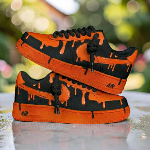 Custom Orange Drip Air Force 1 Sneakers – Hand Painted Black Shoes