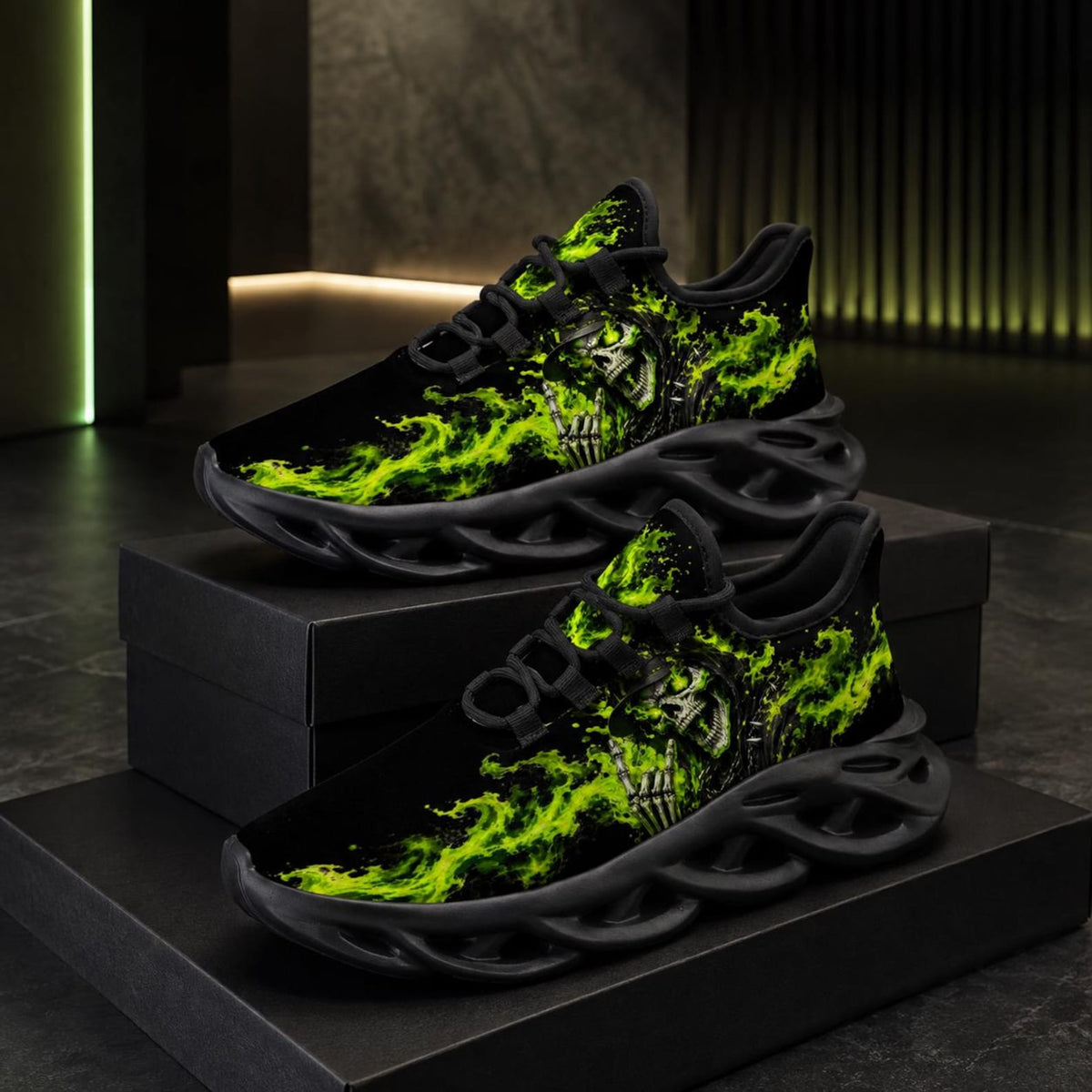 Skull Flame Sneakers for Men Women, Gothic Running Shoes, Green Fire Grim Reaper Design, Alternative Streetwear Gift