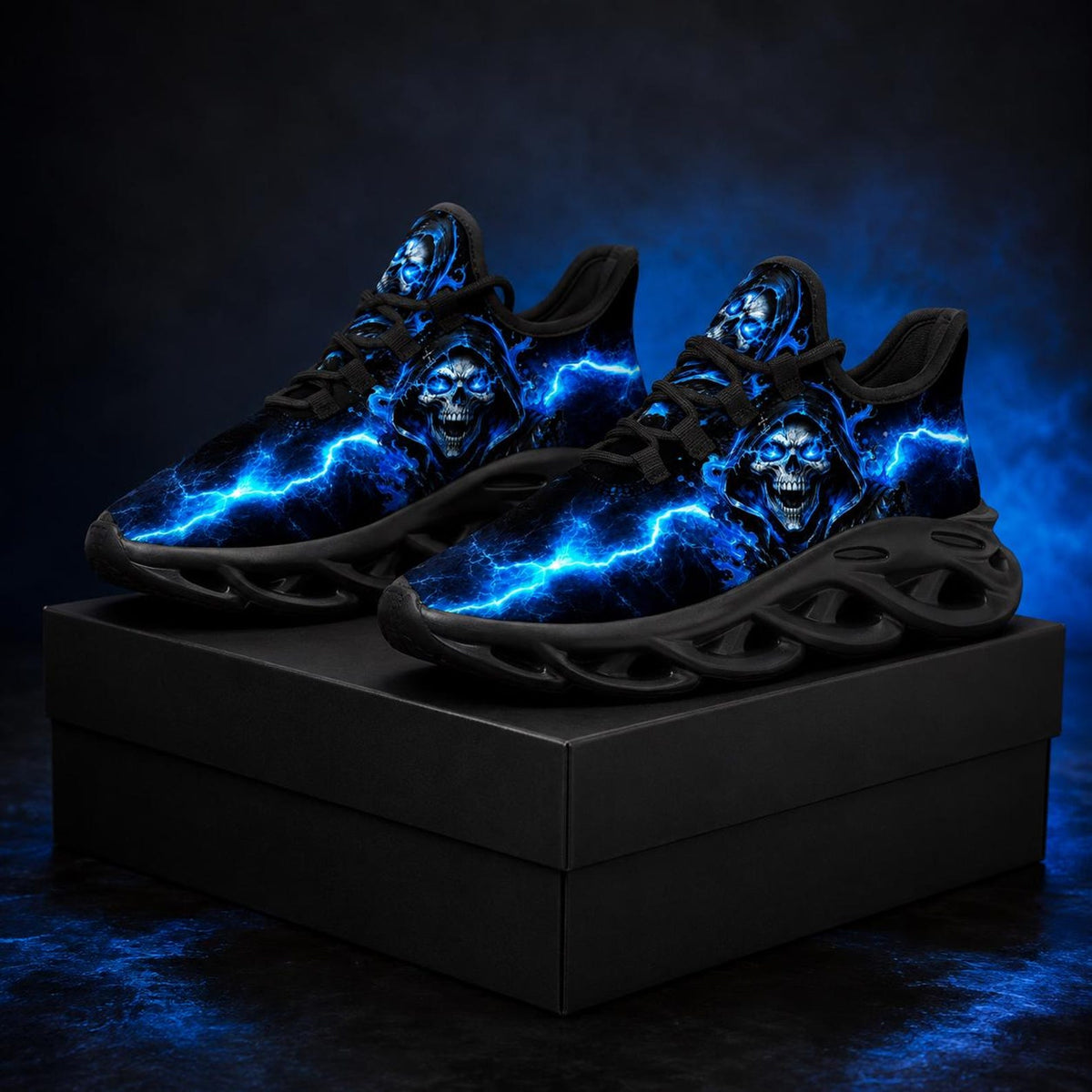 Blue Skull Sneakers for Men & Women, Gothic Lightning Running Shoes, Dark Alternative Trainers, Halloween Gift
