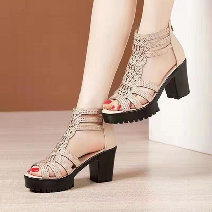 Women’s Alviera Peep-Toe Platform Block Heel Sandals – Soft Sole Roman Style Versatile Chic Sandals