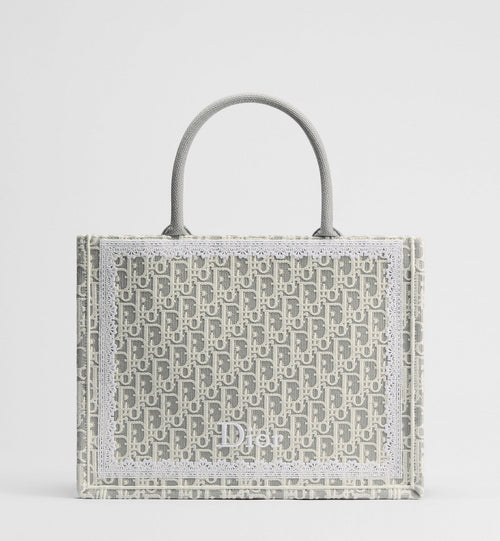 Med Book Designer Tote Bag With Latte & Gray Oblique Embroidery & White Lace & Strap