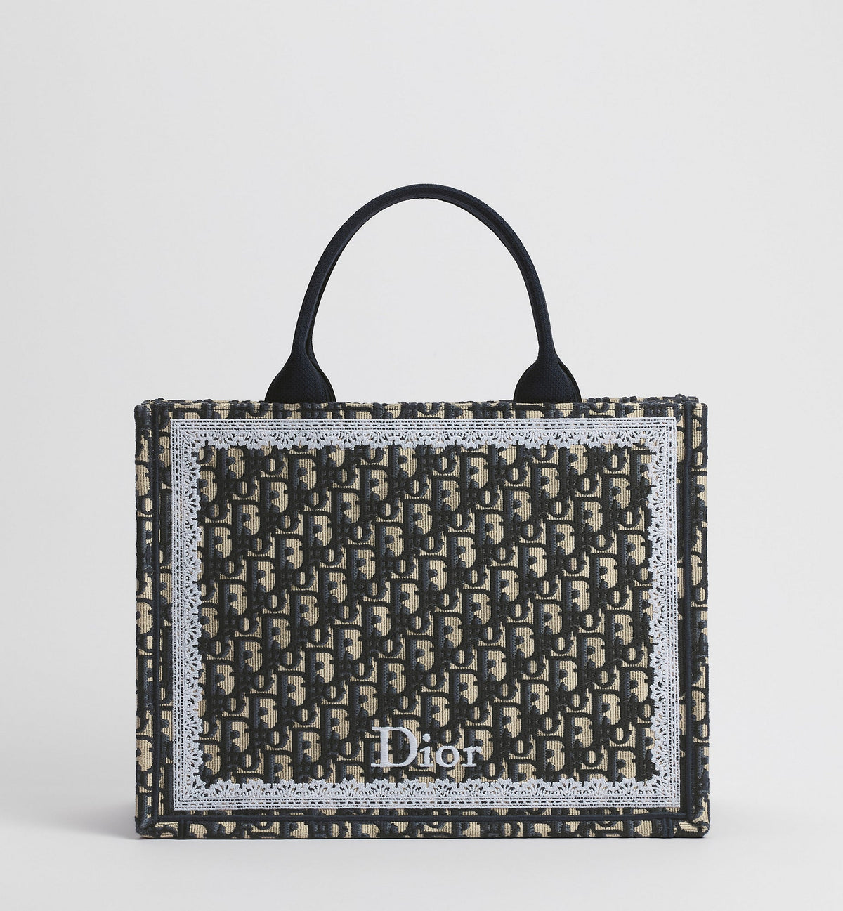 Med Book Designer Tote Bag With Latte & Gray Oblique Embroidery & White Lace & Strap