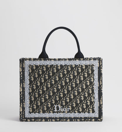 Med Book Designer Tote Bag With Latte & Gray Oblique Embroidery & White Lace & Strap