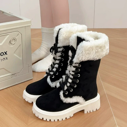 Winter New Women's Velvet Mid-Tube Cotton Boots with Thickened Lining and Height-Enhancing Design