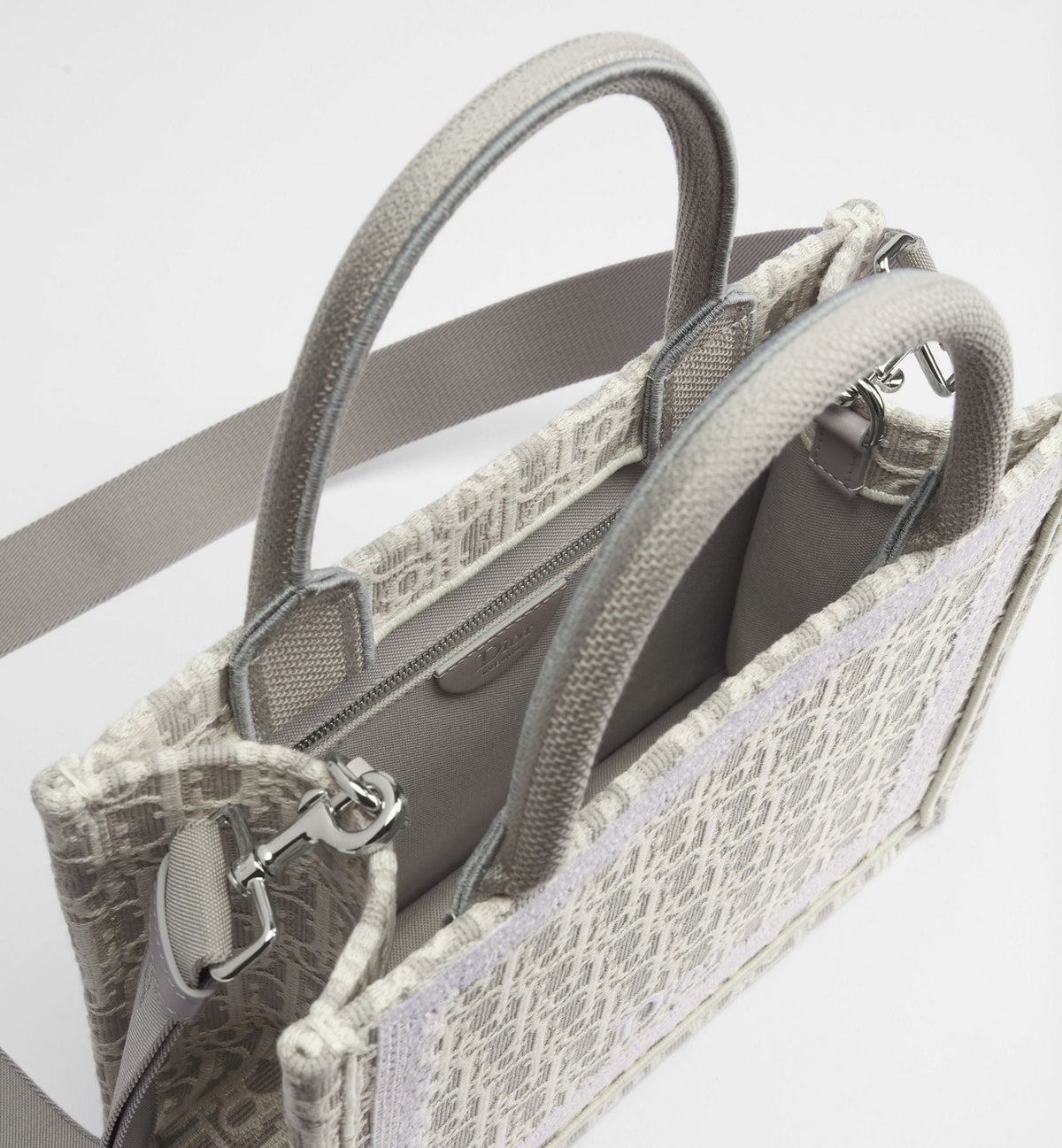 Small Book Designer Tote Bag With Strap In Latte And Gray Oblique Embroidery And White Lace