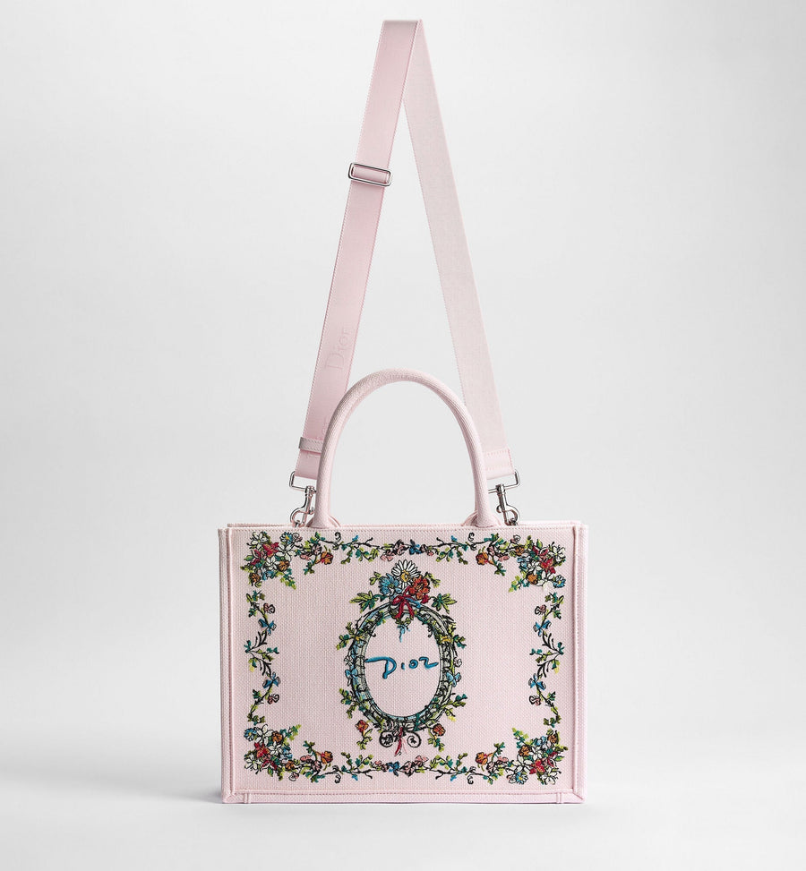 Medium Dior Book Designer Tote Bag With Pink Multicolor Dior Arabesque Embroidery And Strap