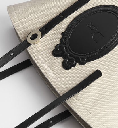 Small Dior Blooming Luxury Handbag With Beige Canvas And Black Calfskin