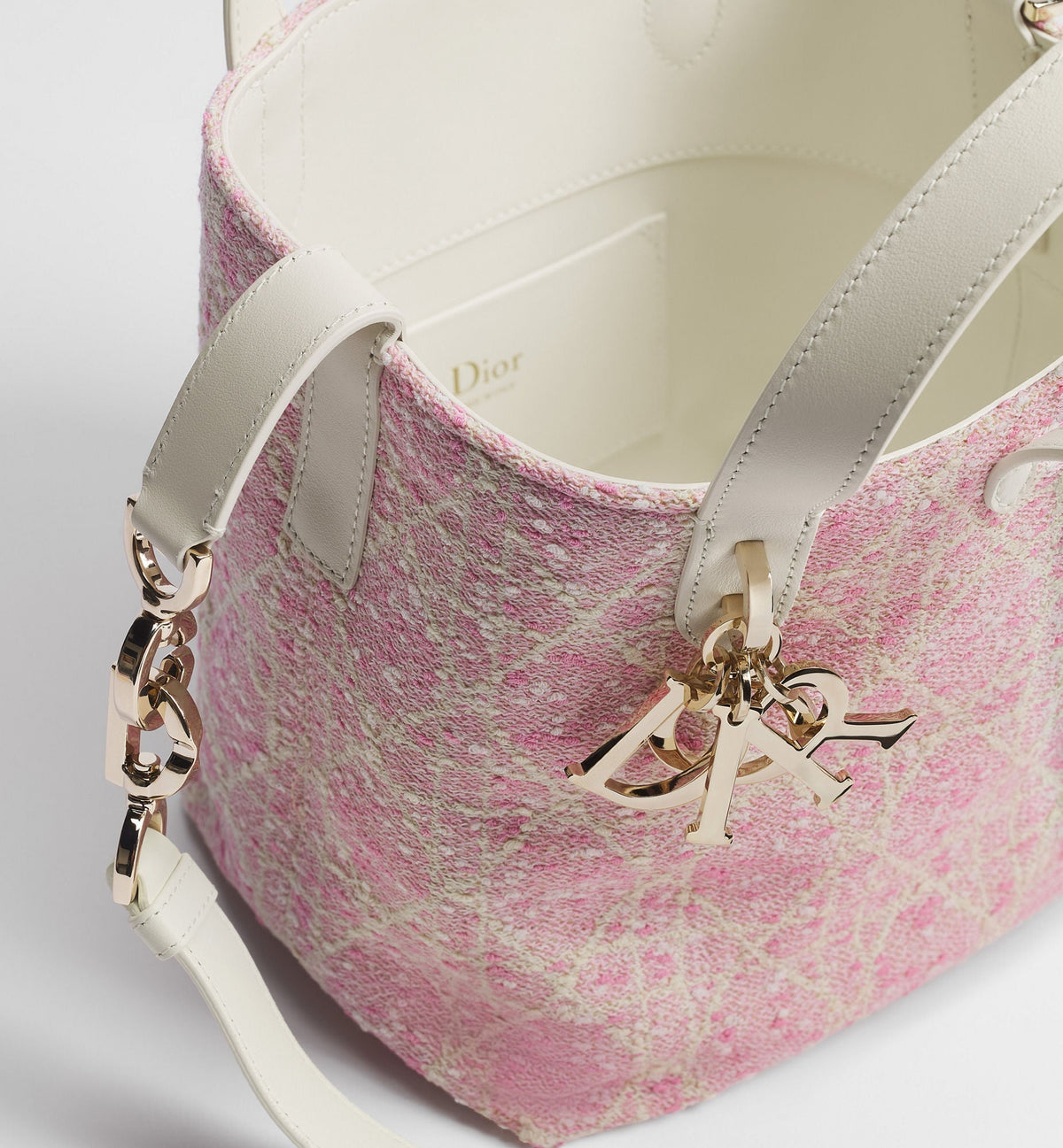 Small Toujours Vertical Designer Shoulder Tote With Pink Tweed And White Cannage Motif And Strap