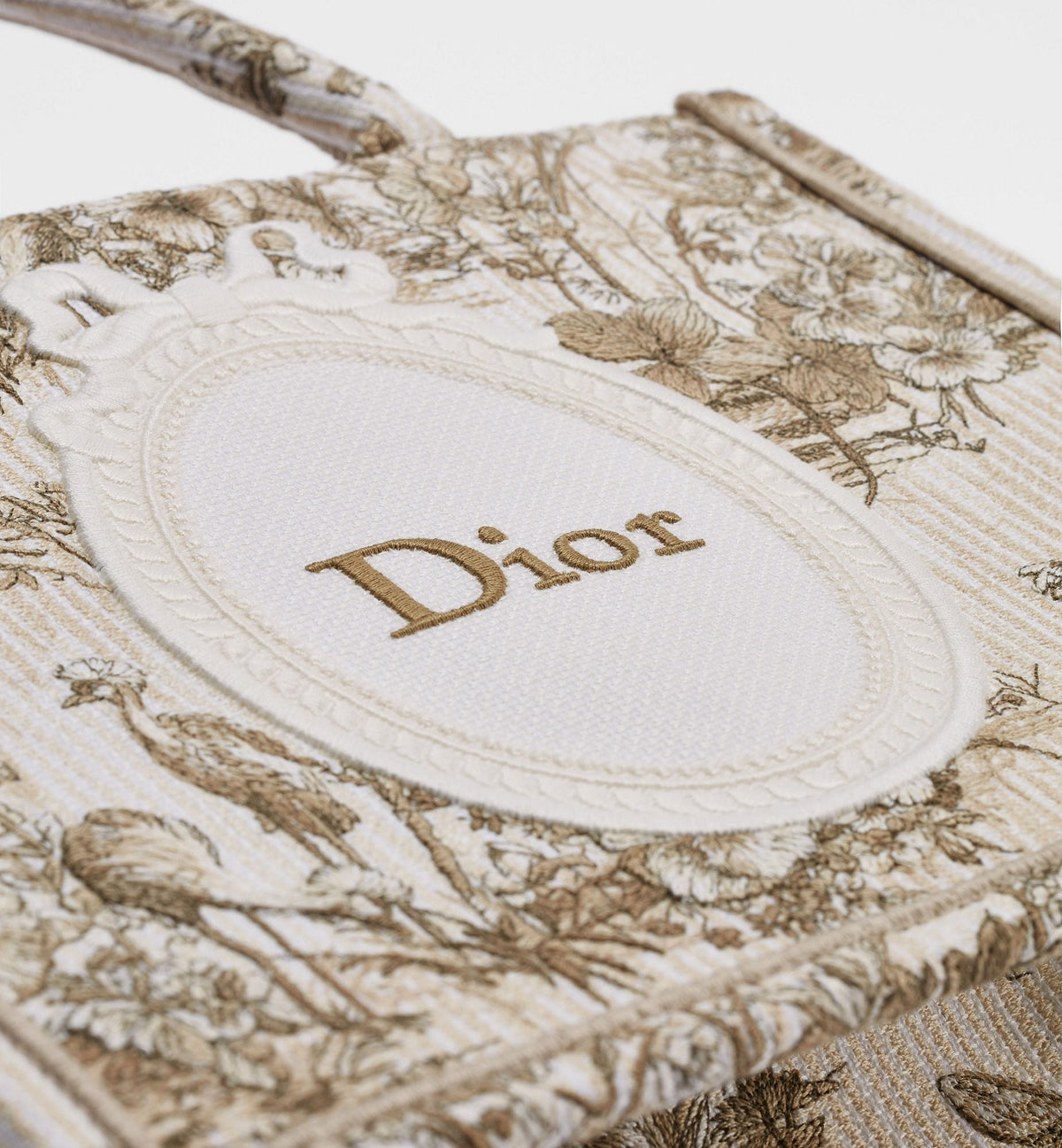Small Book Designer Tote Bag With Beige Multicolor Toile De Jouy Floral Garden Embroidery And Strap
