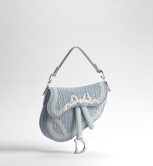Small Saddle Luxury Handbag With Céleste Blue Oblique Embroidery And White Lace And Strap