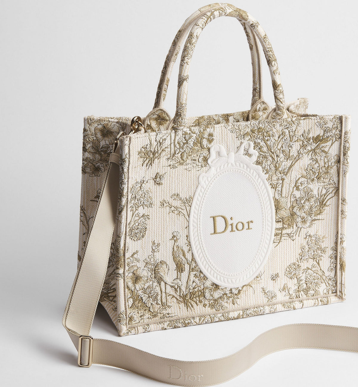 Medium Book Designer Tote Bag With Toile de Jouy Garden Embroidery And Strap