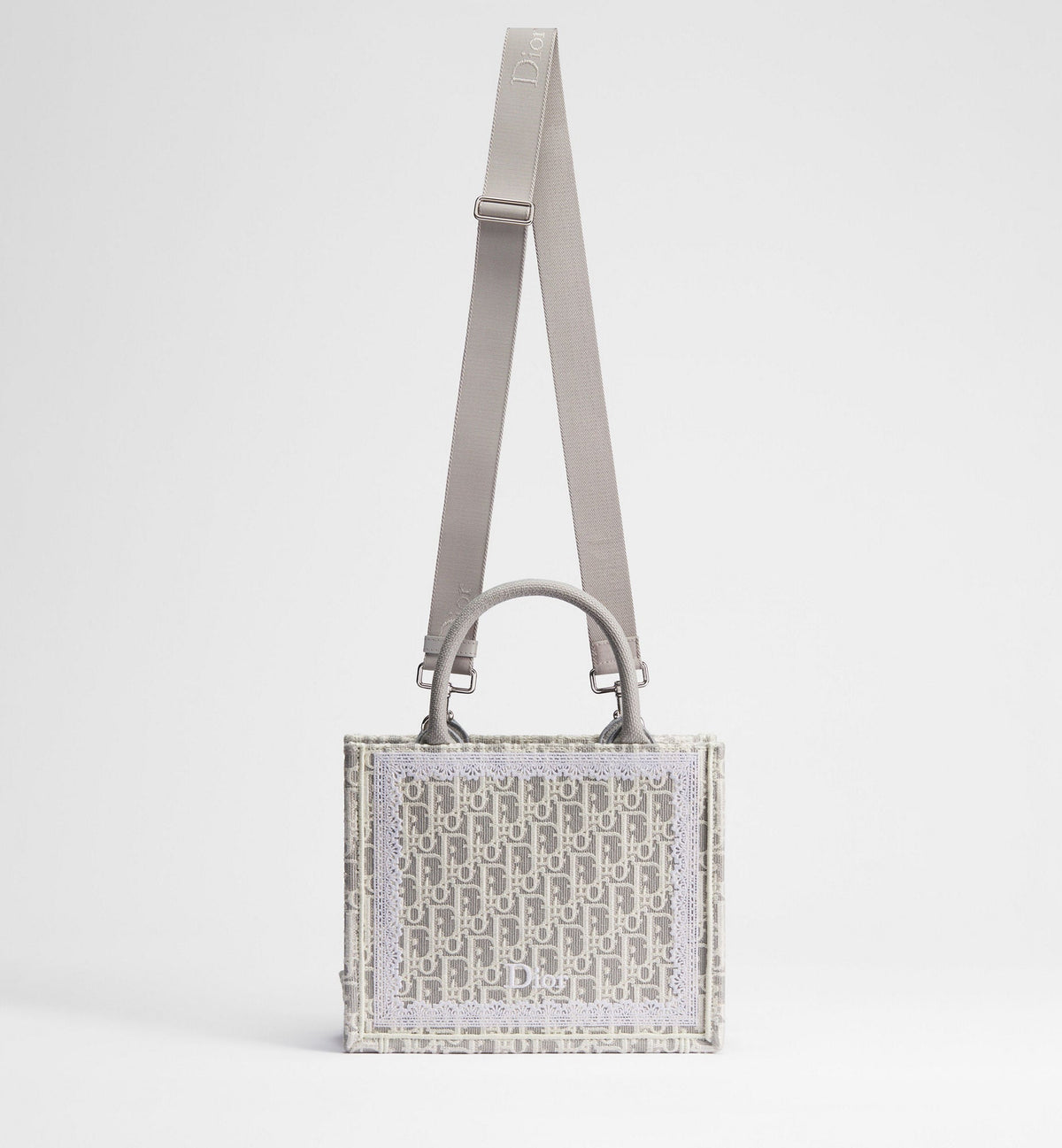 Small Book Designer Tote Bag With Strap In Latte And Gray Oblique Embroidery And White Lace