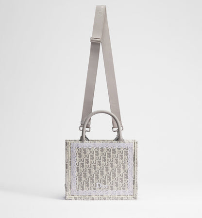 Small Book Designer Tote Bag With Strap In Latte And Gray Oblique Embroidery And White Lace