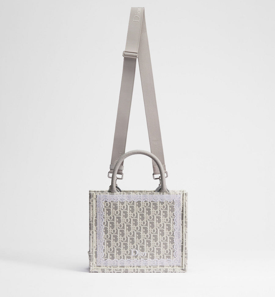 Small Book Designer Tote Bag With Strap In Latte And Gray Oblique Embroidery And White Lace