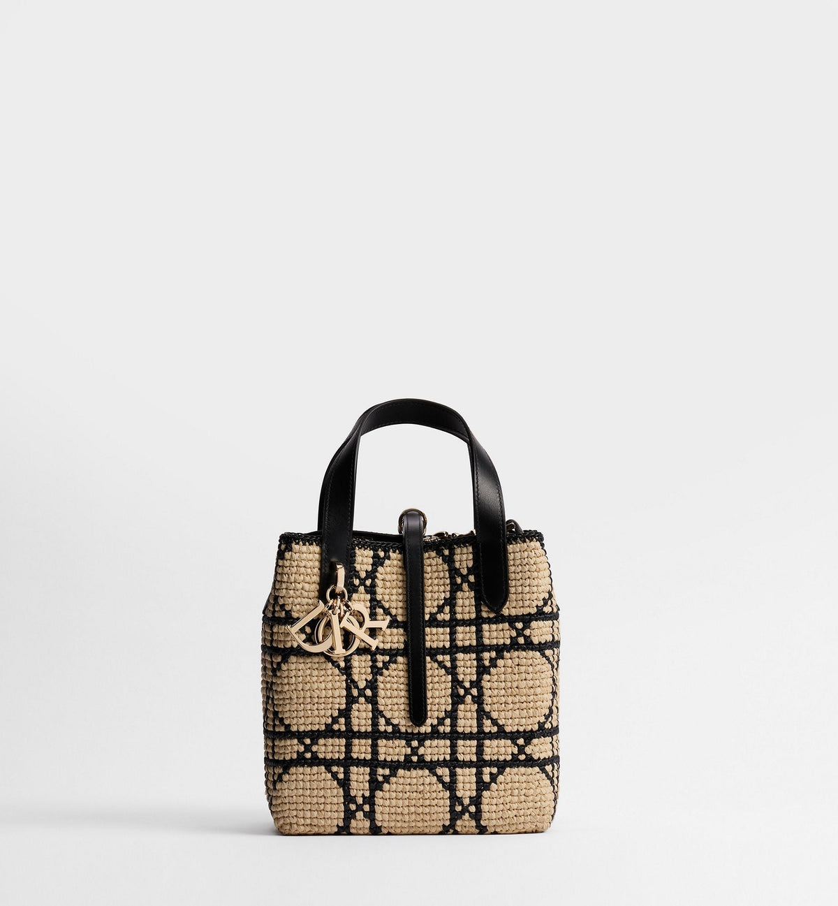 Small Toujours Designer Tote Bag With Macrocannage Raffia And Black Calfskin And Strap