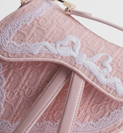 Small Saddle Luxury Handbag With Soupir Pink Oblique Embroidery And White Lace And Strap