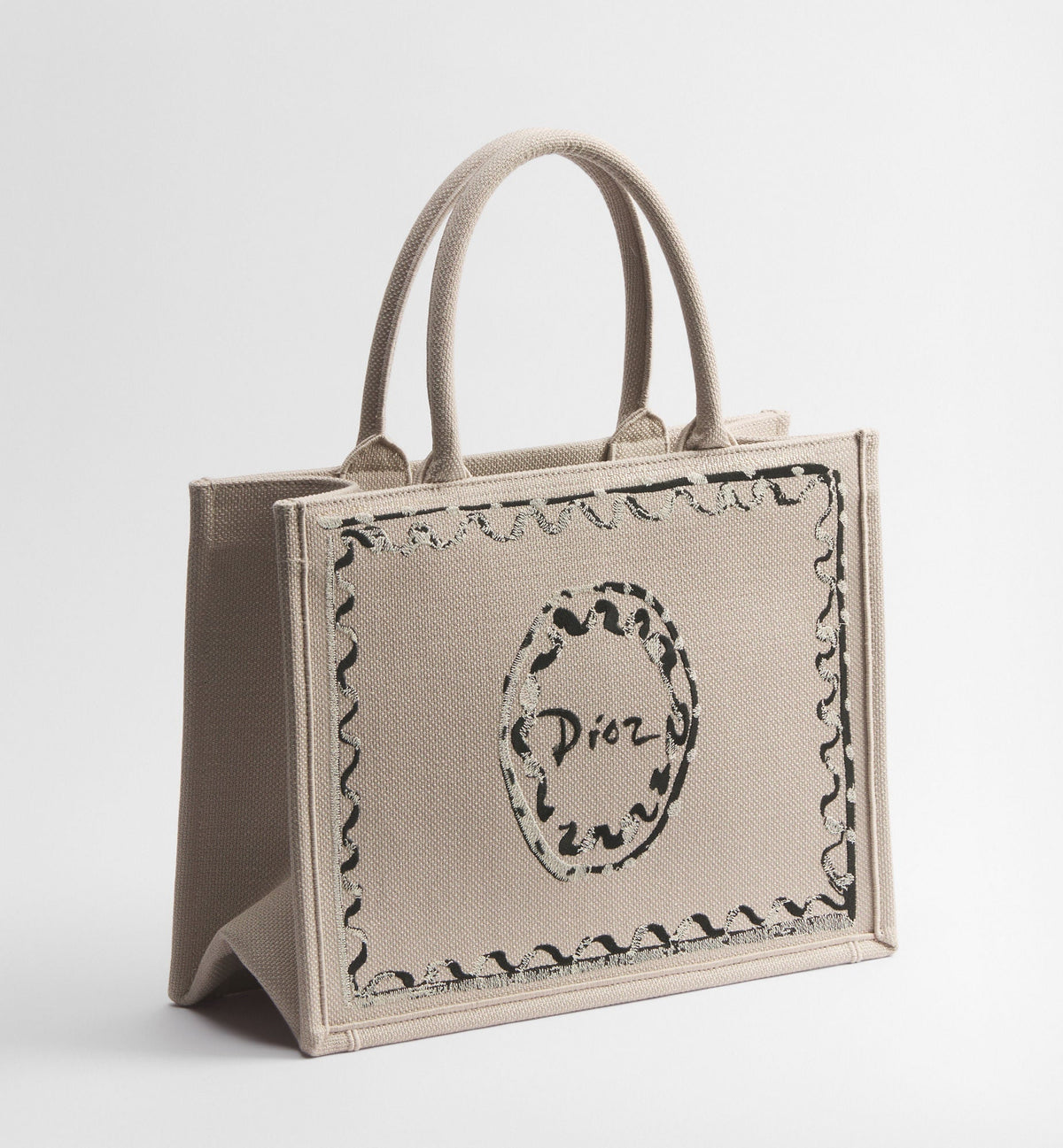 Medium Book Designer Tote Bag With Beige Painted Ribbon Embroidery And Shoulder Strap