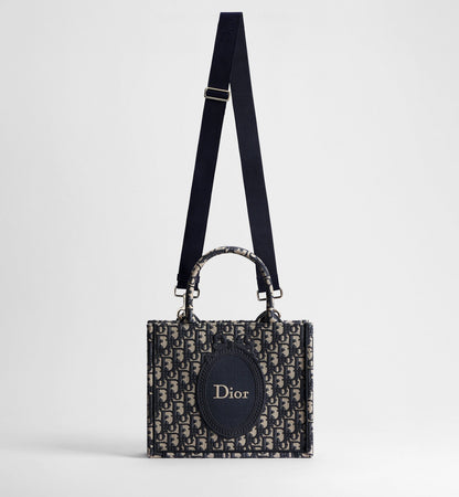 Small Book Designer Tote Bag with Blue Oblique Jacquard and Médaillon Signature