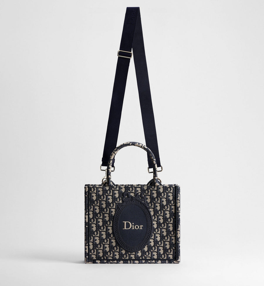 Small Book Designer Tote Bag with Blue Oblique Jacquard and Médaillon Signature