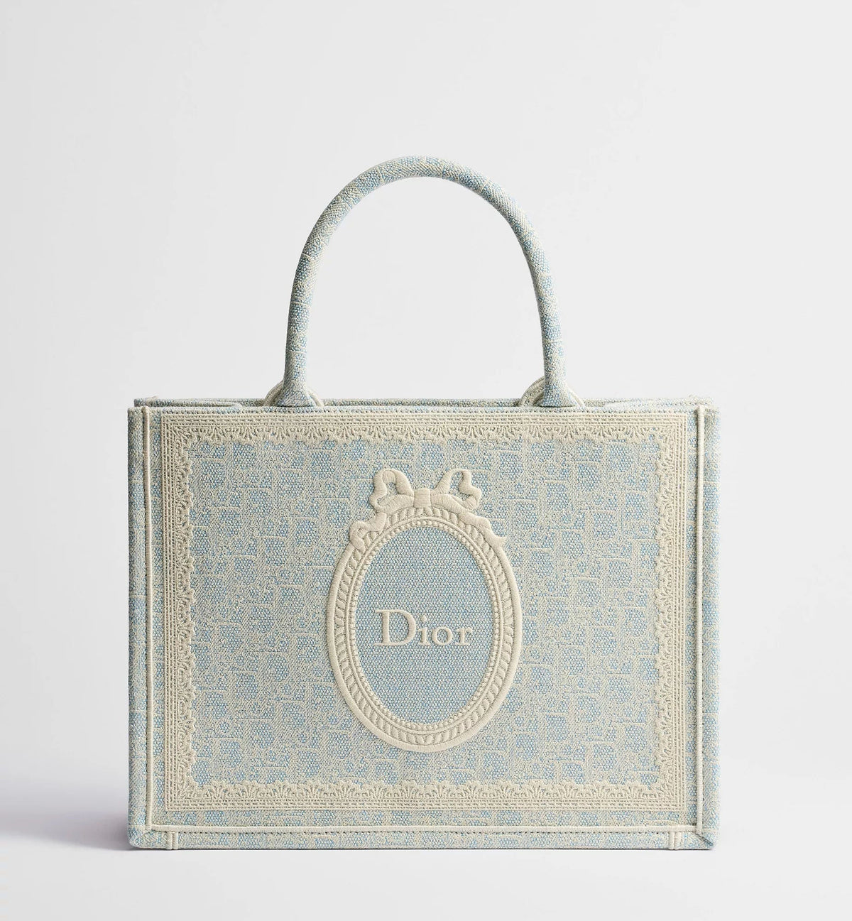 Medium Book Designer Tote Bag With Céleste Blue Washed Embroidery And Shoulder Strap