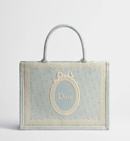 Medium Book Designer Tote Bag With Céleste Blue Washed Embroidery And Shoulder Strap