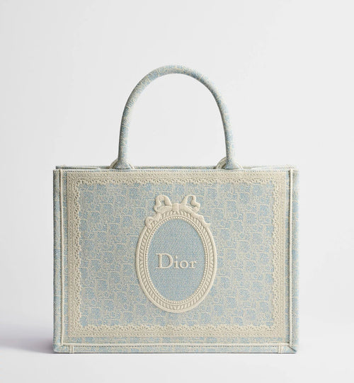 Medium Book Designer Tote Bag With Céleste Blue Washed Embroidery And Shoulder Strap