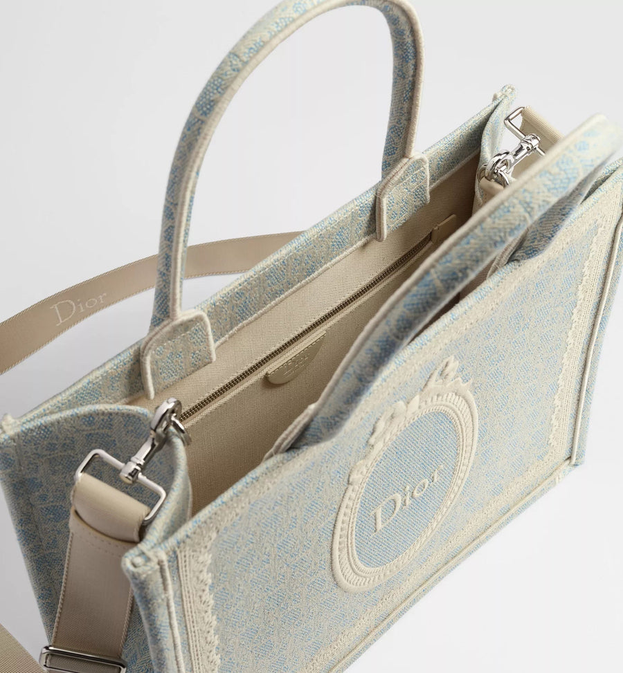 Medium Book Designer Tote Bag With Céleste Blue Washed Embroidery And Shoulder Strap