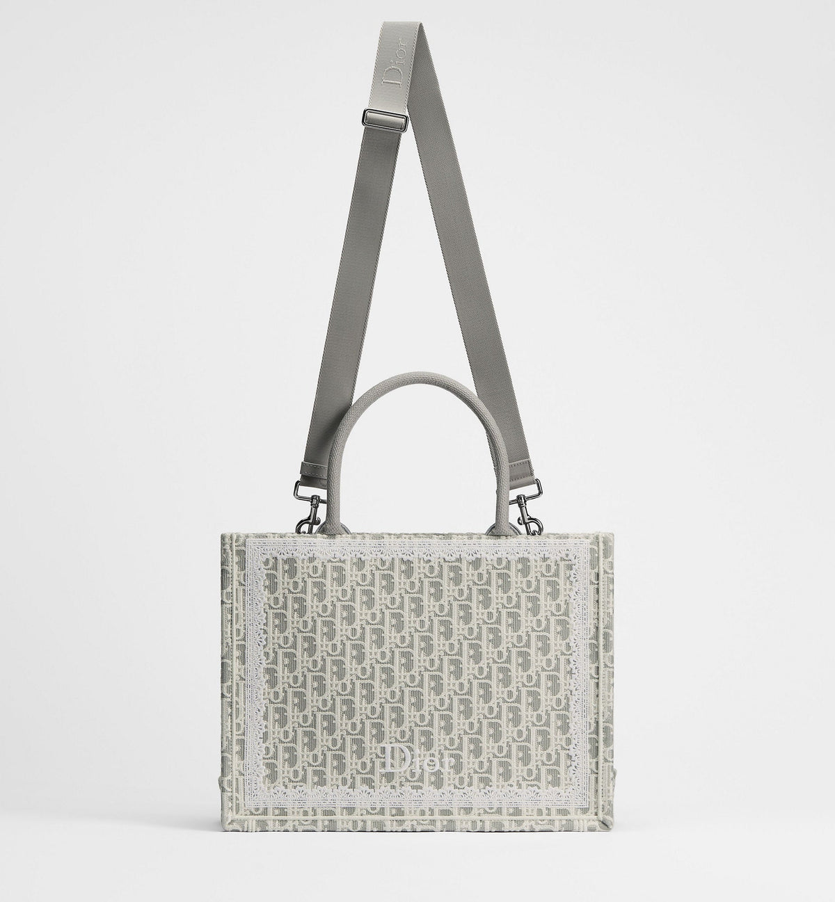 Med Book Designer Tote Bag With Latte & Gray Oblique Embroidery & White Lace & Strap