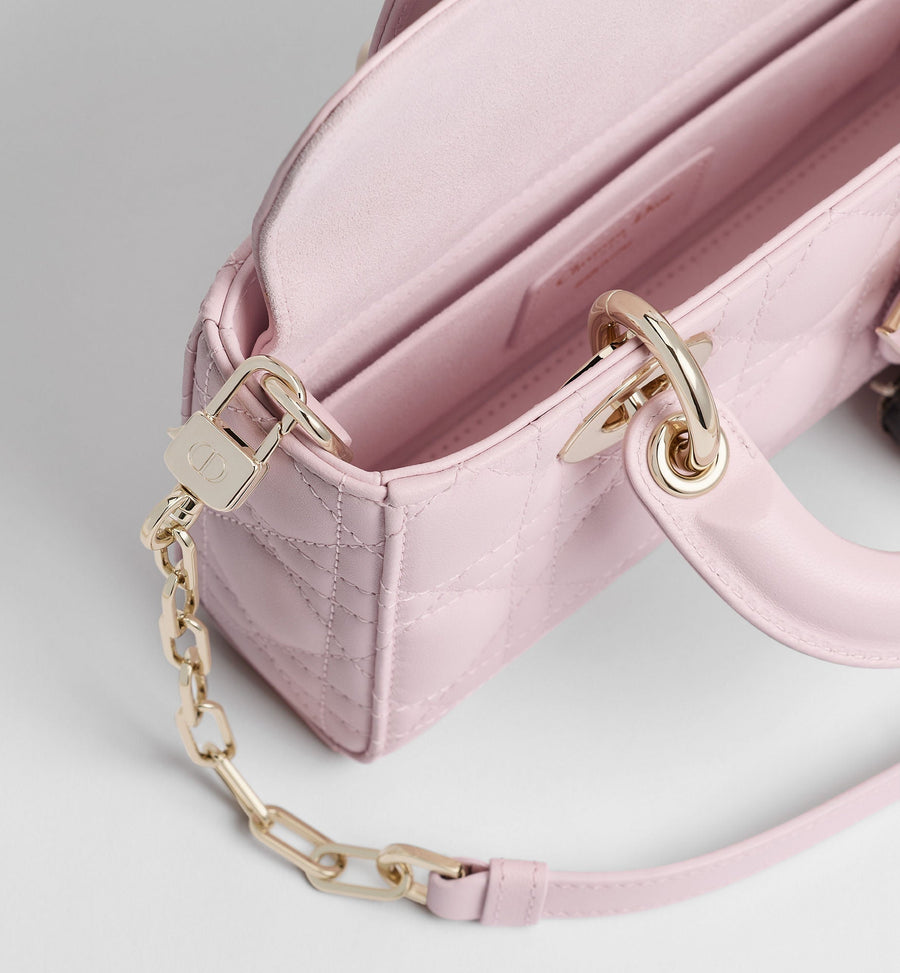 Mini Lady D-Joy Luxury Handbag With Rose Tendre Cannage Lambskin And Chain Strap