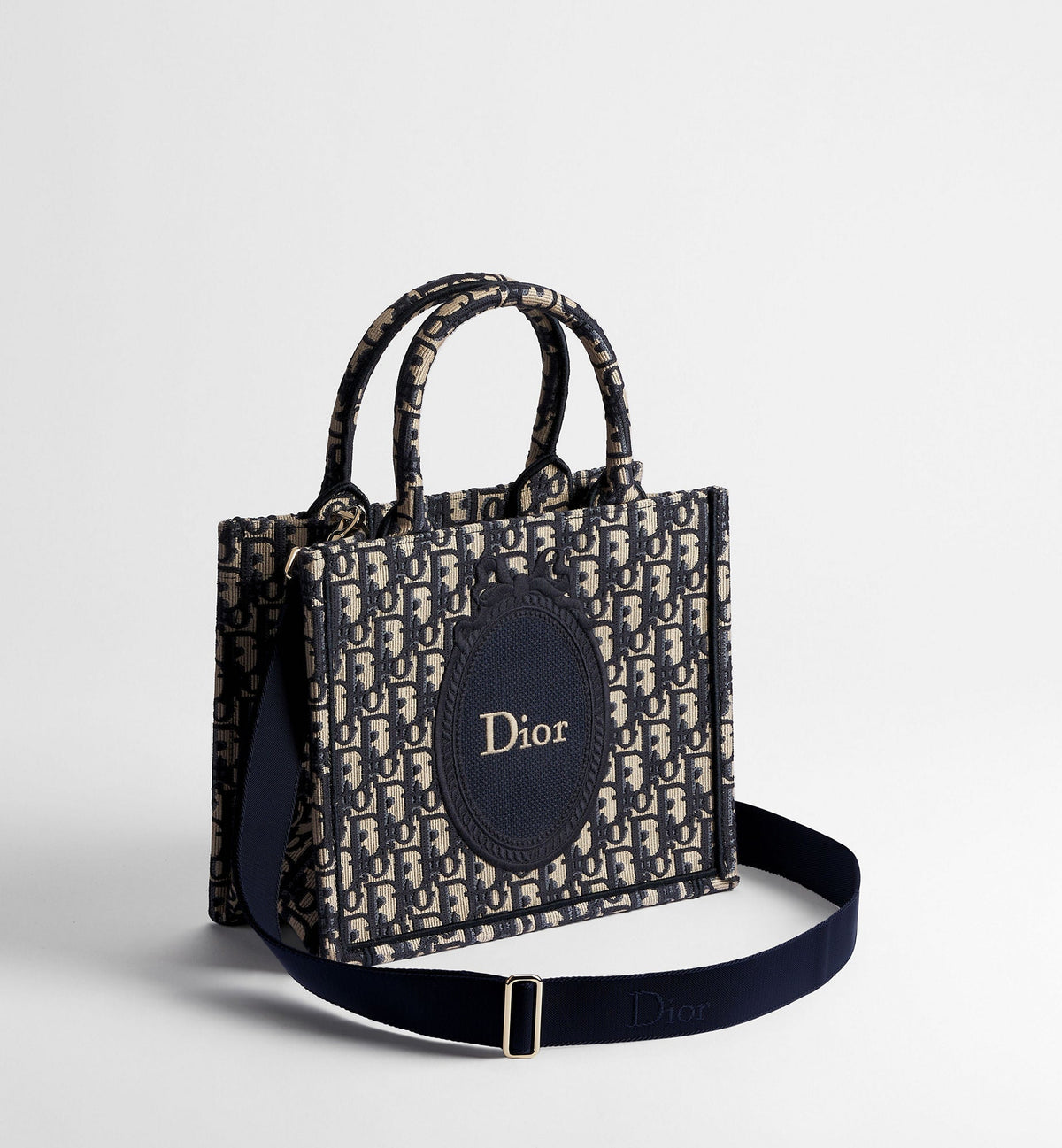 Small Book Designer Tote Bag with Blue Oblique Jacquard and Médaillon Signature