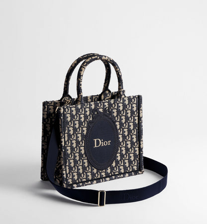Small Book Designer Tote Bag with Blue Oblique Jacquard and Médaillon Signature
