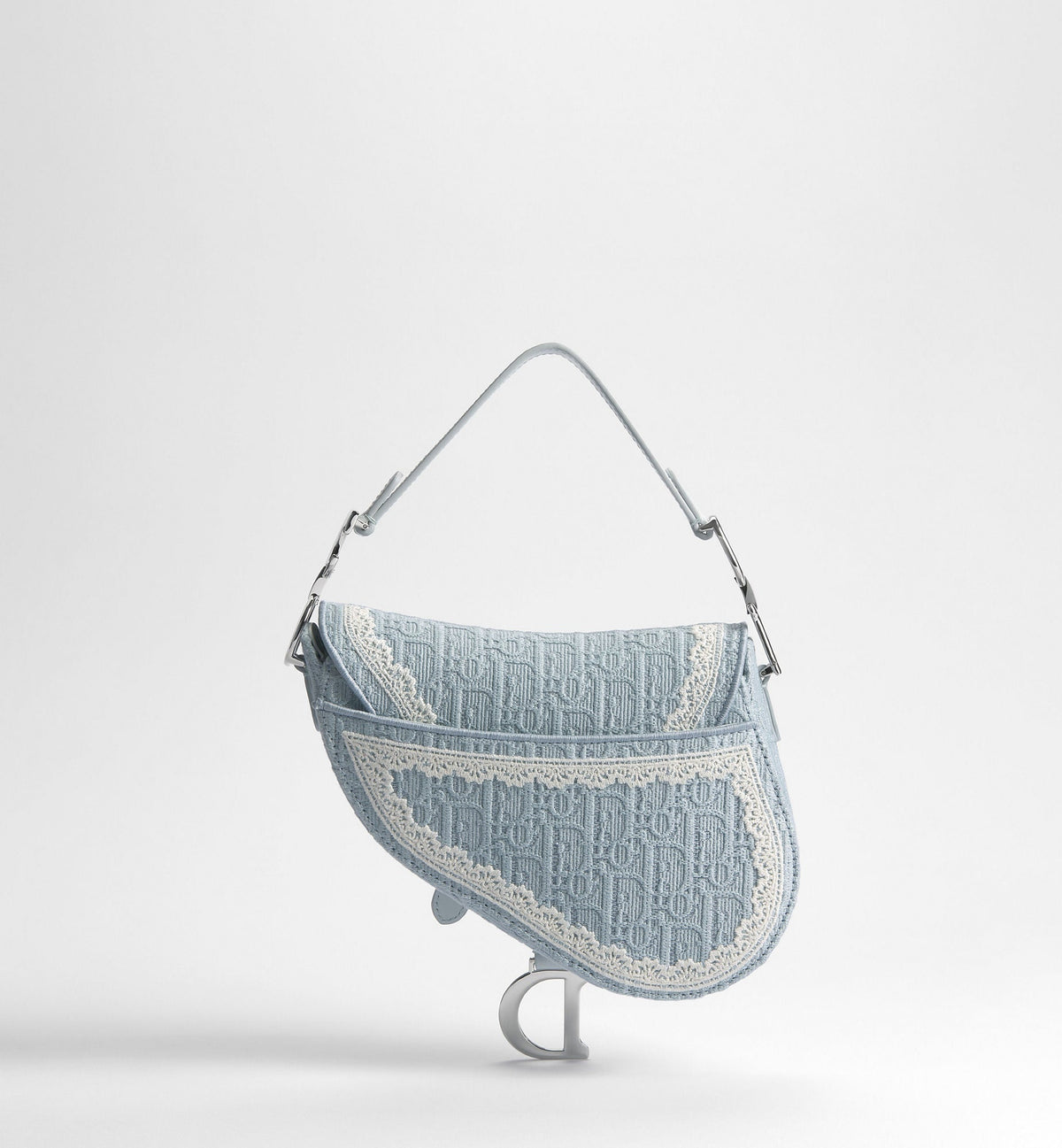 Small Saddle Luxury Handbag With Céleste Blue Oblique Embroidery And White Lace And Strap