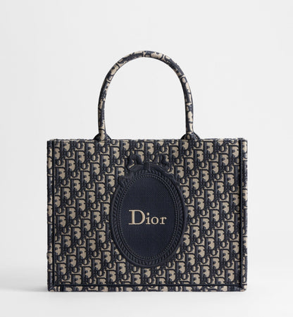 Medium Dior Book Designer Tote Bag With Blue Oblique Jacquard And Embroidered Médaillon