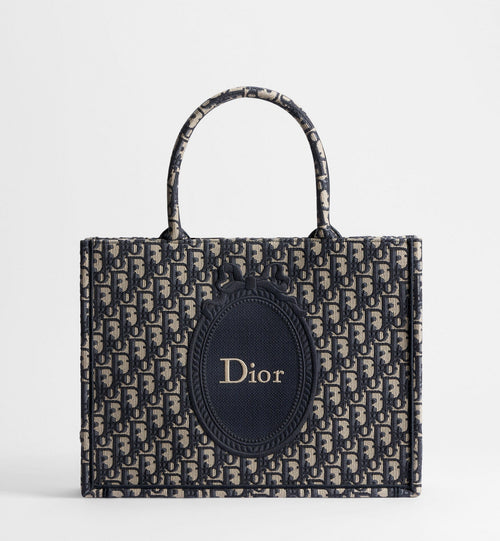 Medium Dior Book Designer Tote Bag With Blue Oblique Jacquard And Embroidered Médaillon