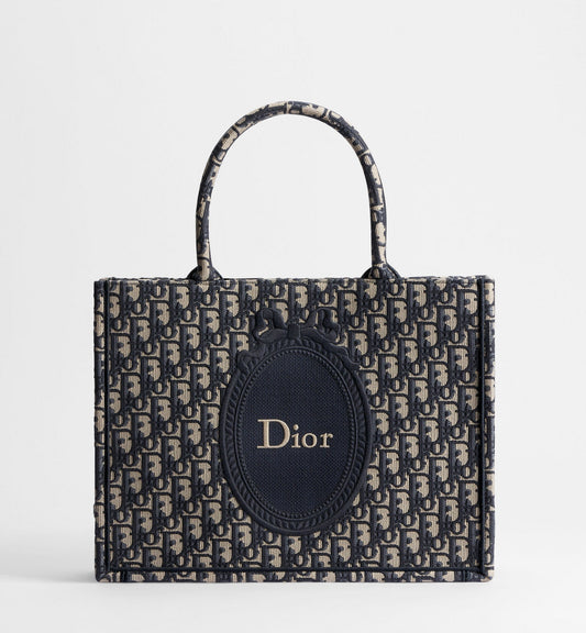 Medium Dior Book Designer Tote Bag With Blue Oblique Jacquard And Embroidered Médaillon