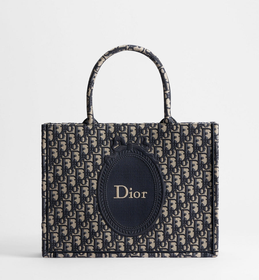Medium Dior Book Designer Tote Bag With Blue Oblique Jacquard And Embroidered Médaillon