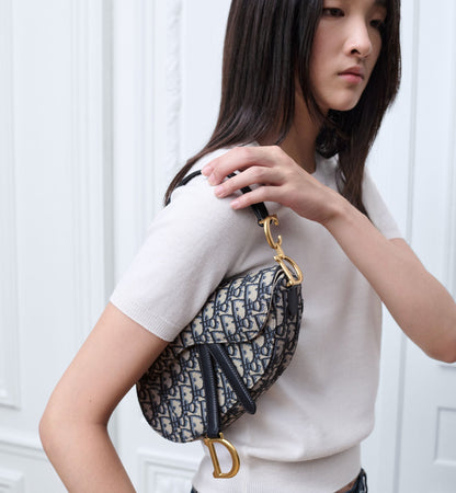 Small Saddle Luxury Handbag With Blue Oblique Jacquard And Strap