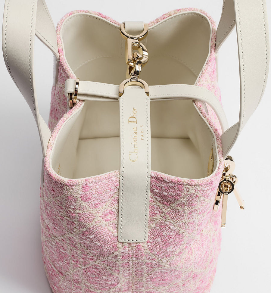 Small Toujours Vertical Designer Shoulder Tote With Pink Tweed And White Cannage Motif And Strap