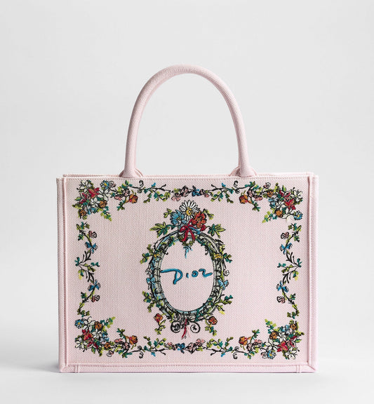 Medium Dior Book Designer Tote Bag With Pink Multicolor Dior Arabesque Embroidery And Strap