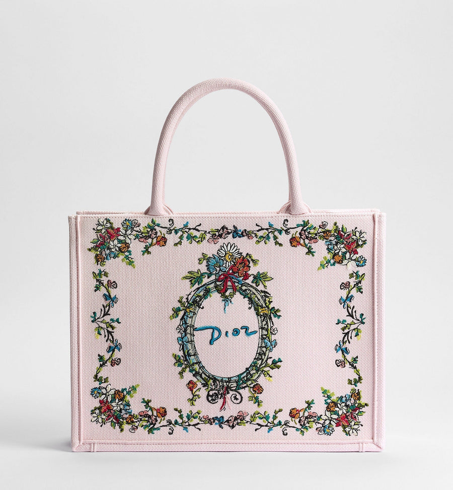 Medium Dior Book Designer Tote Bag With Pink Multicolor Dior Arabesque Embroidery And Strap